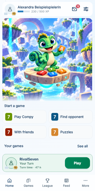 Kanumy Home with Compy, four ways to start playing, and a game ready for your turn.