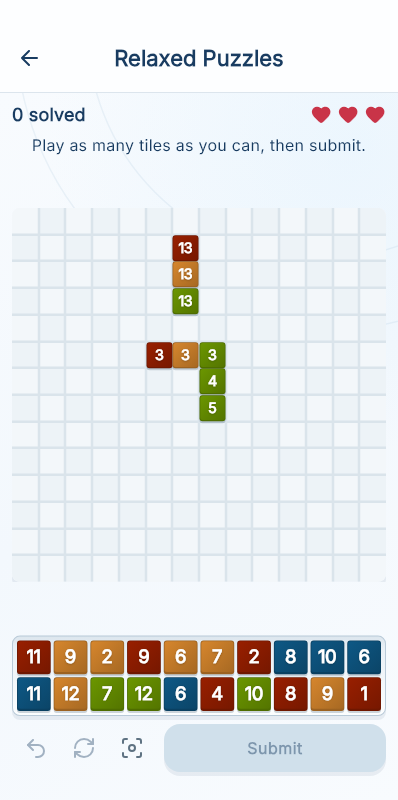 A real Relaxed Puzzles board with numbered tiles and a two-row player rack.